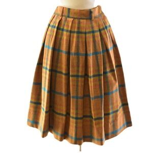 60s Vintage Wool Plaid A Line Skirt Pleated Womens 2XS Rust Orange Blue Yellow